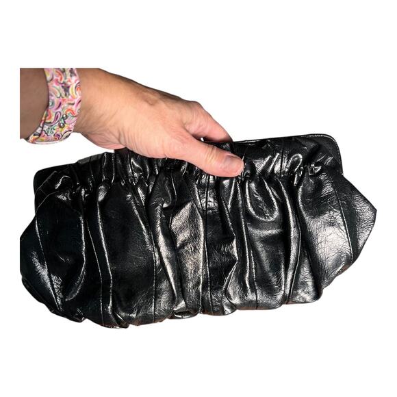 Express Ruched Clutch Handbag Black Faux Patent Leather Evening Clutch Purse - Picture 8 of 9